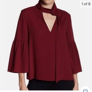 BCBG Maroon bell sleeve tie neck blouse, Women’s M